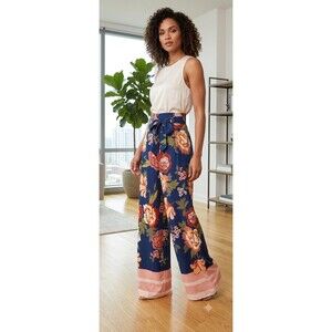 New York & Co 7th Avenue Women's Wide Leg Blue Floral Pants High Waist 18